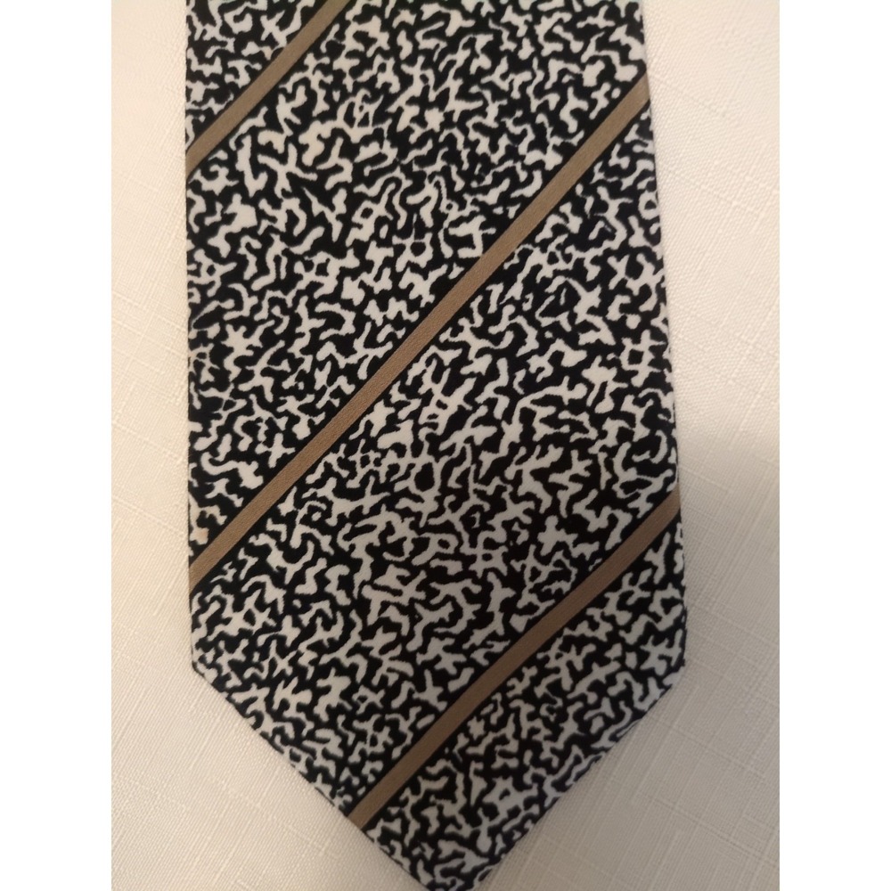 Italian All Silk Handmade Black & White Print With Tan Stripes Necktie - Picture 4 of 6